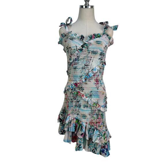 Rococo Sand Dresses & Skirts - Rococo Sand Sunset Smocked Mini Dress Printed Bodycon White Blue